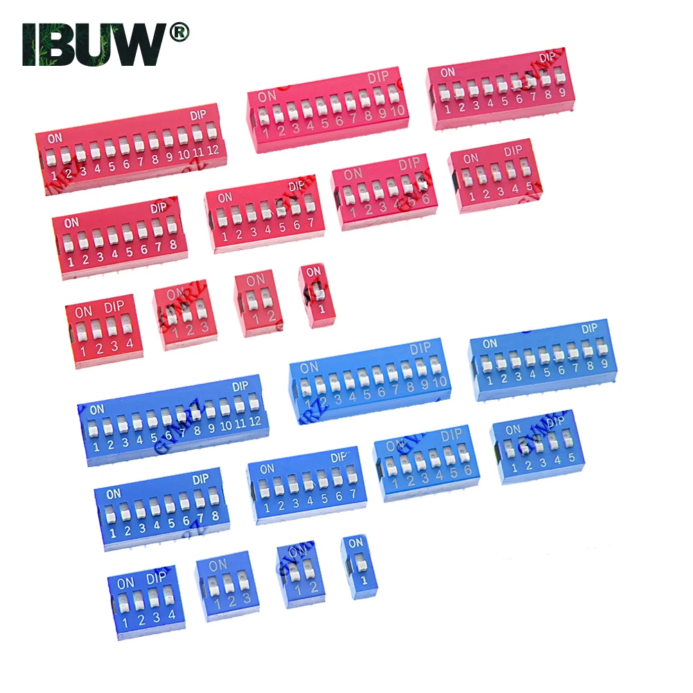10 Stück 2,54mm 1 2 3 4 5 6 7 PIN DIP-Schalter Rot Blau PCB-Montierter Kippschalter EIN AUS Wahlschalter für Leiterplatten 8 9 10 12