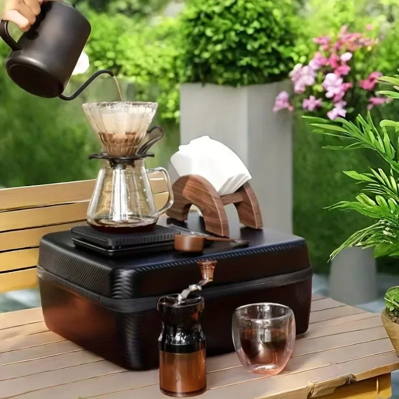 Portable Outdoor Coffee Maker Set with ABS Material, Manual Glass Pour Over Coffee Kit, Stainless Steel Manual Coffee Grinder