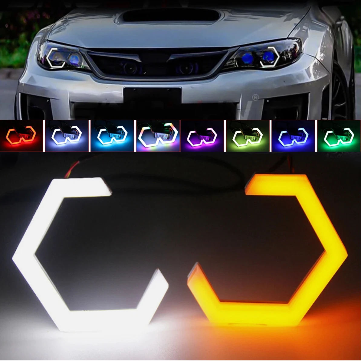 

2 шт. светодиодный шестиугольный Halo angel Eye RGB указатель поворота DRL Bluetooth приложение для автомобильных фар 60/70/80/90 мм.