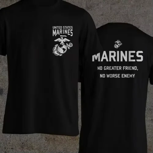 Camiseta de moda para hombre con cita del Cuerpo de Marines de los Estados Unidos (USMC) - No hay amigo más grande, no hay enemigo más peor - Colección Verano 2026