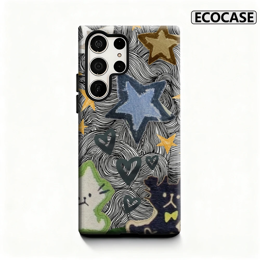 Vintage Whirl Cat Star Patchwork Phone Case for Samsung Galaxy S25 Ultra S24 S23 Ultra Plus Glossy Double-layer Back Cover