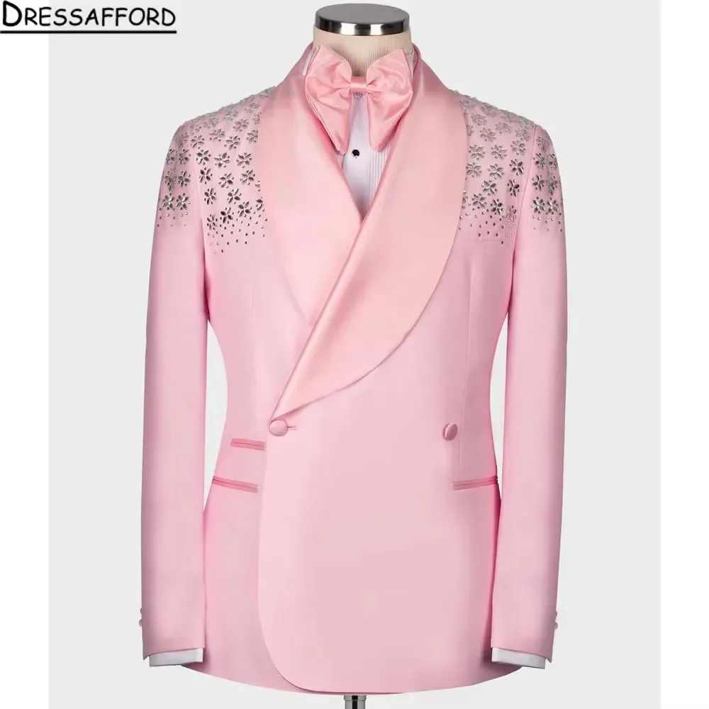 Pink Suits Men For Wedding 2 Pieces Jacket Pants Crystal Beaded Groom Tuxedo Formal Business Banquet