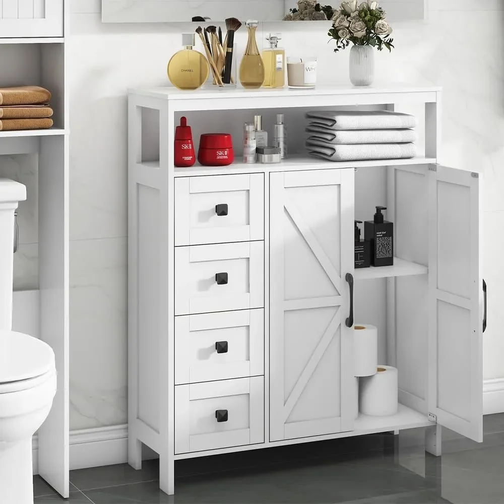 

Stylish Freestanding Storage Cabinet with Two Doors and Four Drawers for Bathroom and Kitchen Pantry