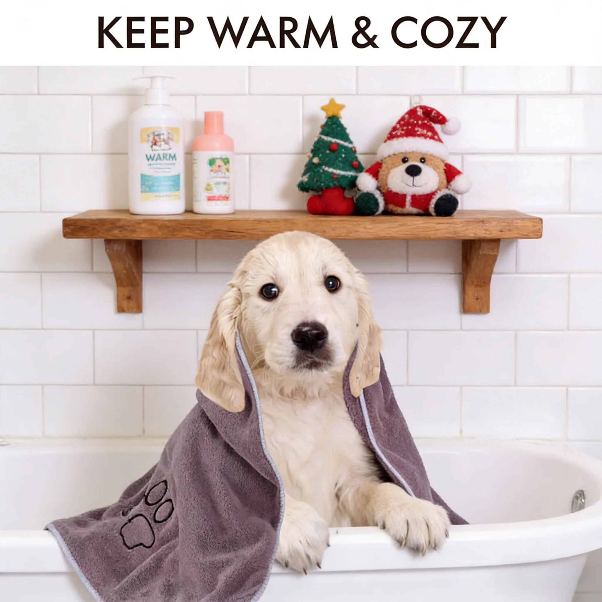 

Цельное супервпитывающее банное полотенце для домашних животных с принтом лап — большой размер, петля для подвешивания, сохраняйте тепло и уют после душа