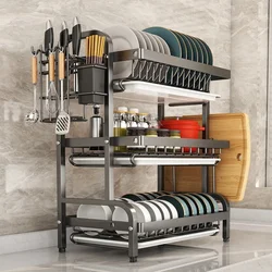 Kitchen Dish Rack Household Multi-Storey Bowls and Chopsticks Storage Cupboard Stainless Steel Drain Retro Style Organizer Shelf