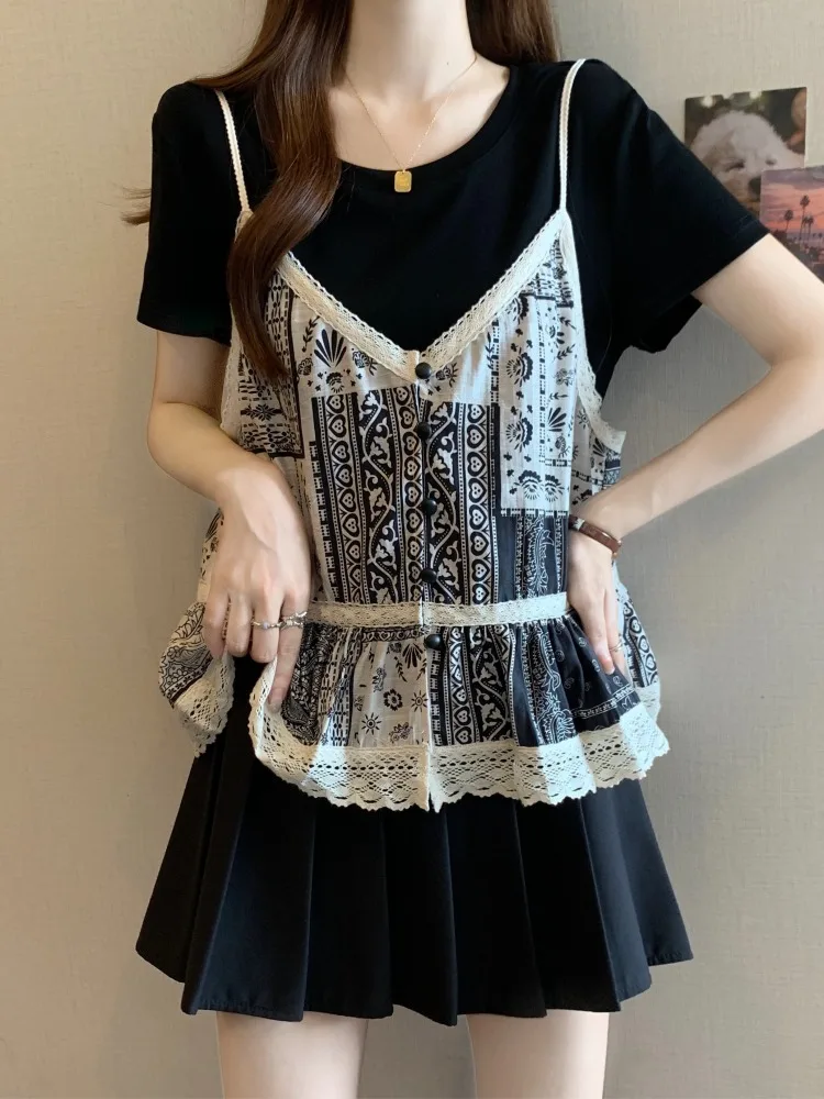 

French Sle Floral Print ort Sve T-irt Women's Summer Loose Fit Breathable Skin-friendly round Ne Top Age-defng