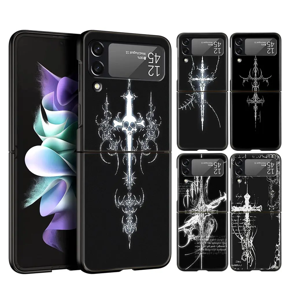 Hard PC Phone Case For Samsung Galaxy Z Flip 7 6 5 4 Black Cover For Galaxy Z Flip 3 Foldable Shockproof Cyber Sigil Cross Line