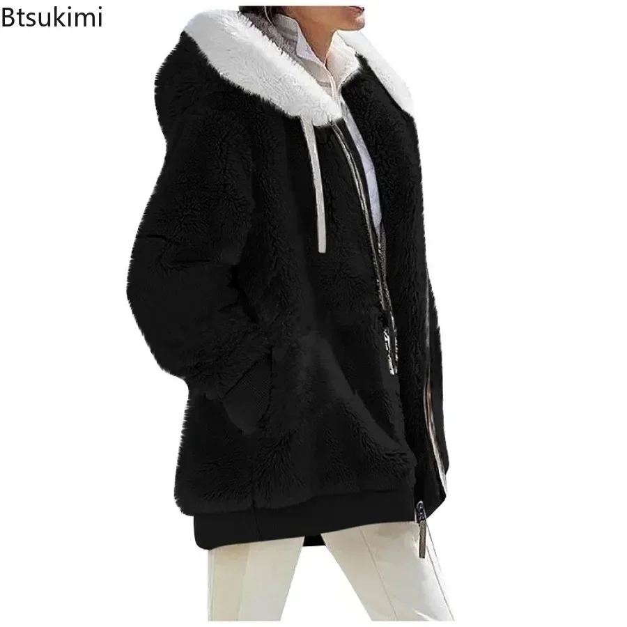 Dámská ležérní teplá bunda, podzimní a zimní, s kapucí a zipem, silná bunda, nadměrná velikost, dámská kašmírová fleecová bunda, jednobarevné kabáty, velikost S-5XL - náhled 3