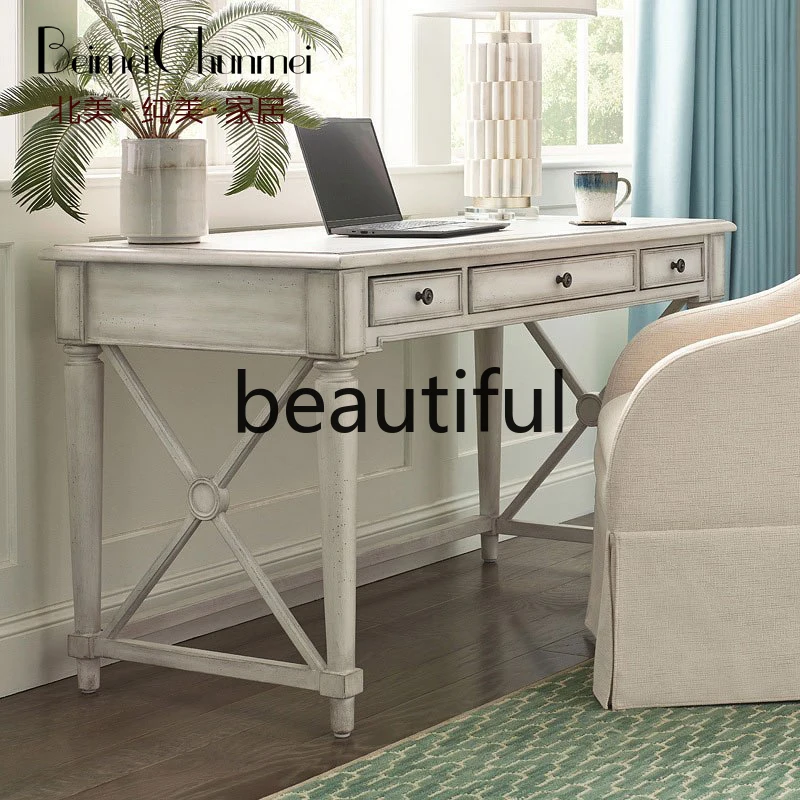 

American rural antique white solid wood desk writing furniture desk retro old desk