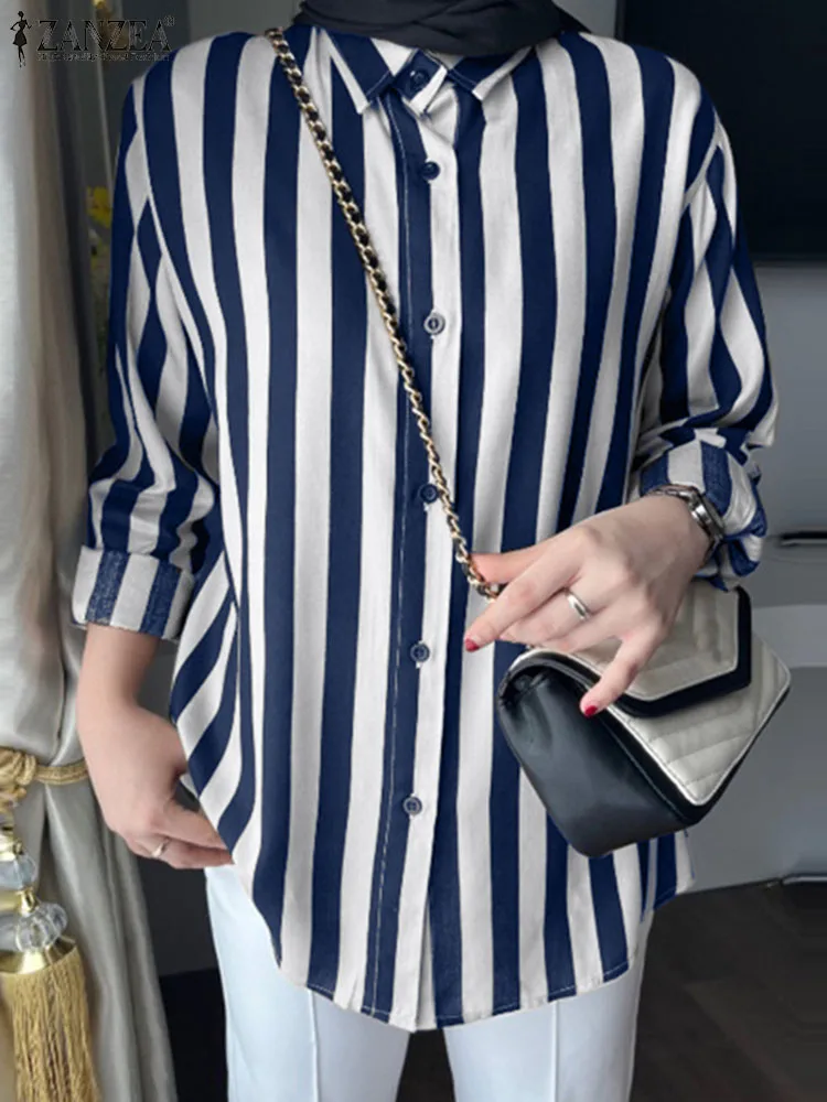 

ZANZEA Women Fashion Stripe Blouse Spring Long Sleeve Lapel Neck Muslim Tops Elegant Work Shirt Casual Buttons Down Blusas Tunic
