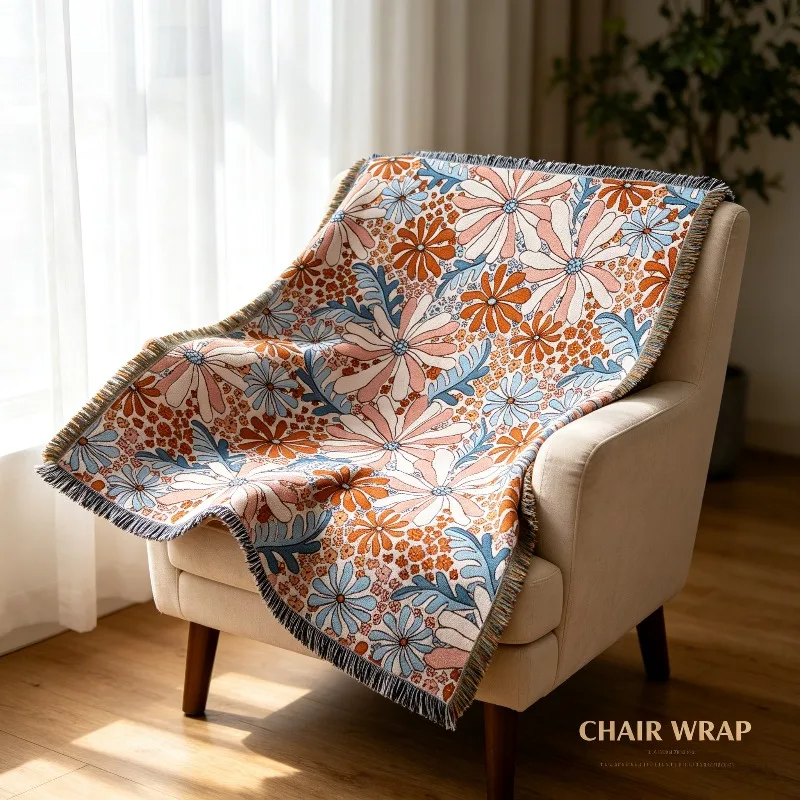 Jacquard Camping Blanket Floral Series Tassel Blanket Perfect Outdoor Picnic Mat Air Conditioning Nap Blanket