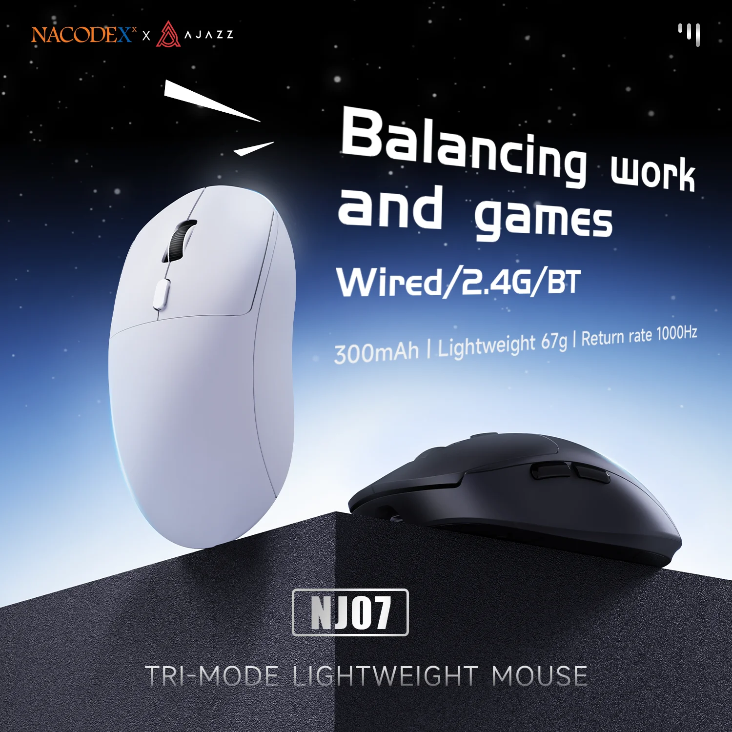 AJAZZ NJ07 kabellose Gaming-Maus, 59g leicht, Pixart-Sensor PAW3311, 6 DPI-Stufen bis zu 12K, 2,4G/USB-C kabelgebundene PC-Maus für Gamer.