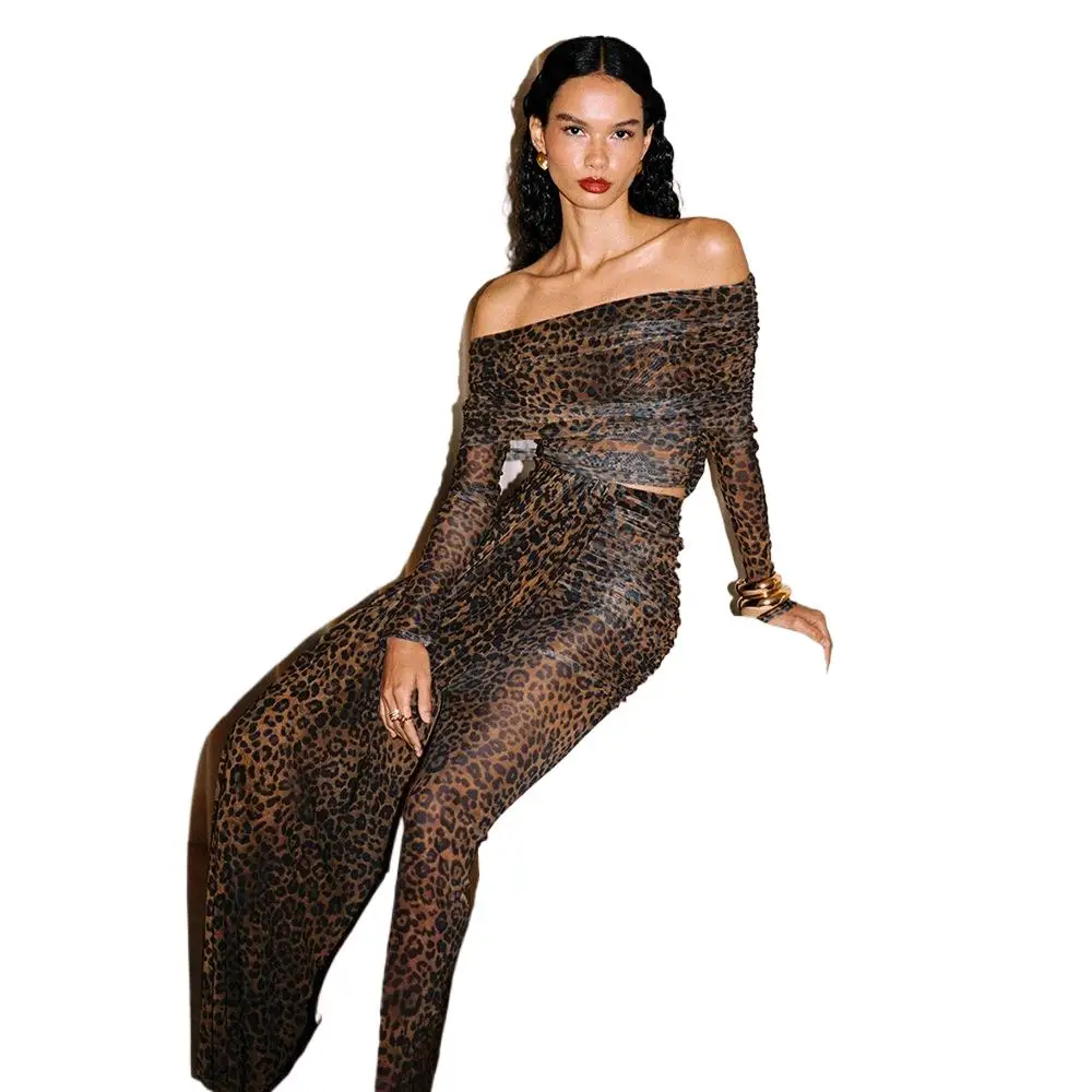 

2025 New Fashion Printed Backless Top + Skirt Two-piece Sets Women Autumn Sexy Leopard Print Shirt And Skirt Set For Women