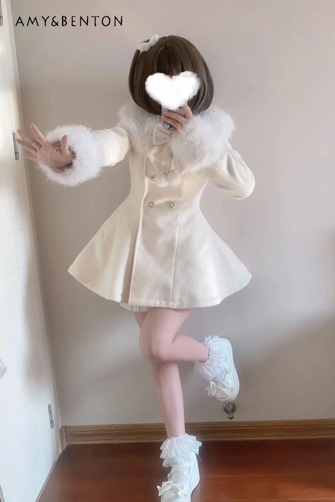 النمط الياباني الحلو القوس معطف الصوف الأسود للنساء الخريف الشتاء جديد انفصال الفراء طوق مزدوجة الصدر ضئيلة سترة صوفية