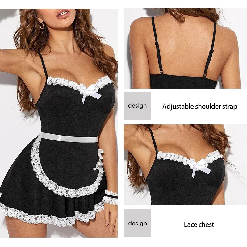 مثير ومغر الملابس الداخلية الدانتيل القوس سلسلة العنق خادمة زي لعب الأدوار موحدة الإغراء