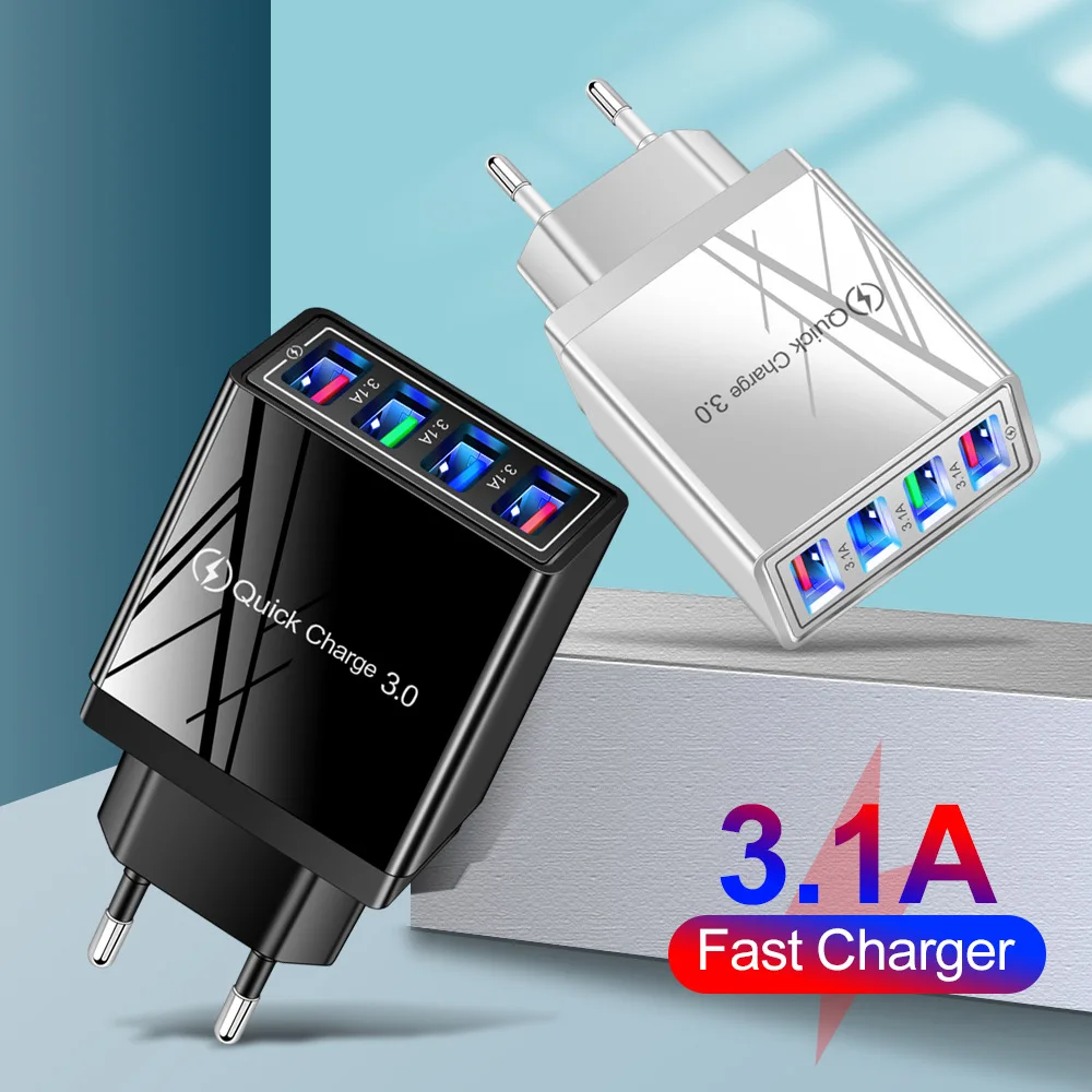 Fast 4 USB Charger Quick Charge 3.1A QC 3.0 For Xiaomi iPhone 14 13 Samsung Tablet Mobile EU Plug Fast Charging Charger Adapter