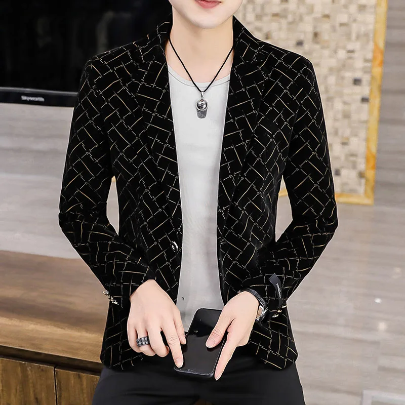 2024 New Spring Autumn Printed Core Velvet Suit Men's Fashion Korean Version Slim Top Trend Handsome Suit Jacket  POLYESTER