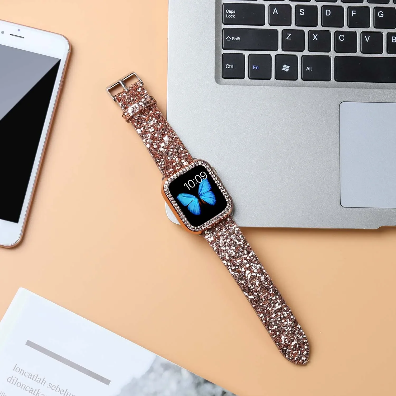 Leather Strap+PC Case For Apple Watch Ultra/2 49mm 9 8 7 6 5 4 SE Fashion Shiny fragments Bracelet 45mm 44mm 42mm 41mm 38mm Belt