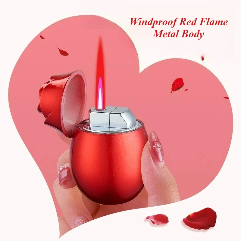 

2026 Creative Design Metal Rose Shaped Lighter Direct Spray Windproof Red Flame Gas Lighter Romantic Gift Cigar Accessories