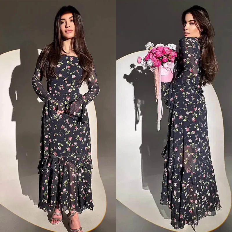 Chiffon Printed Ruffle Dress Women\'s Summer Long Sleeve Stitching High Waist Slim Irregular Floral Evening Dress Long Dress