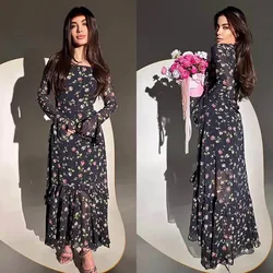 Chiffon Printed Ruffle Dress Women's Summer Long Sleeve Stitching High Waist Slim Irregular Floral Evening Dress Long Dress