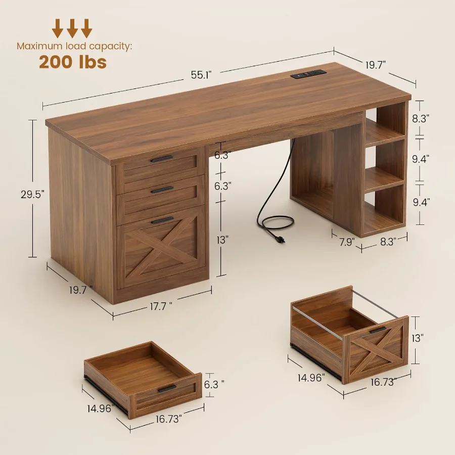 55.1 مكتب تنفيذي مع 3 أدراج وتصميم مزرعة يتميز بأرفف تخزين لدرج الملفات ومخرج طاقة مدمج