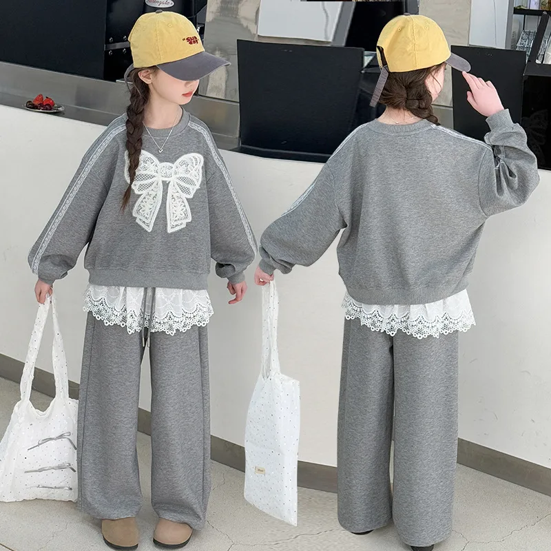 

2025 Kids Girls Autumn 2pcs Sets New Bowknot Round Neck Sweatshirt+Patchwork Drawstring Sweatpant Children Girls Casual Sets