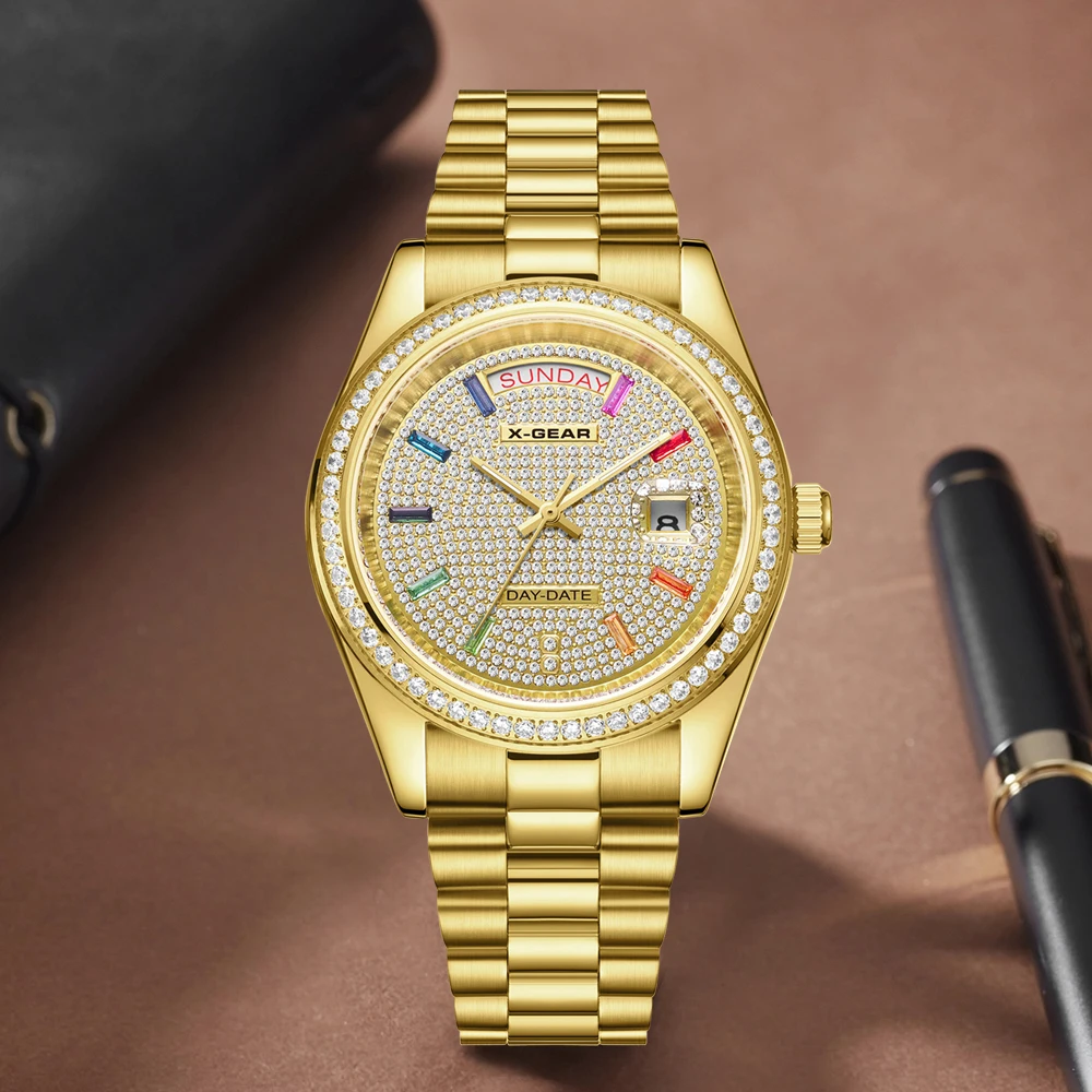 Złoty męski zegarek ze stali nierdzewnej 41 mm, tarcza wysadzana diamentami, mechanizm mechaniczny, wodoodporny, świecący w ciemności, modny styl biznesowy.