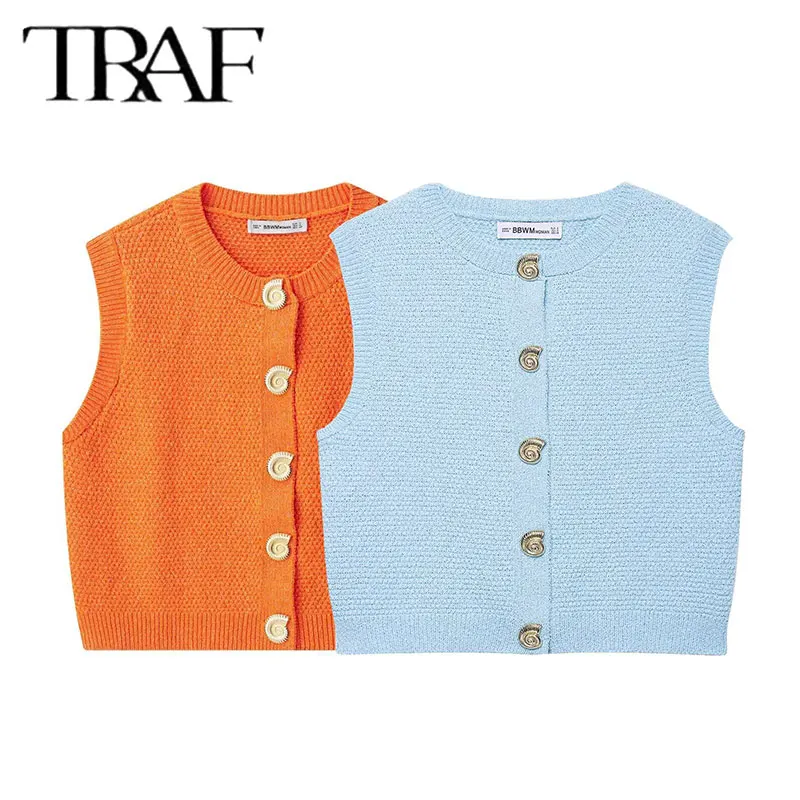 

TRAF 2025 New Women Fashion O Neck Sleeveless Animal Shape Buttons Knitting Vest Sweater Female Chic Cardigan Waistcoat Tops