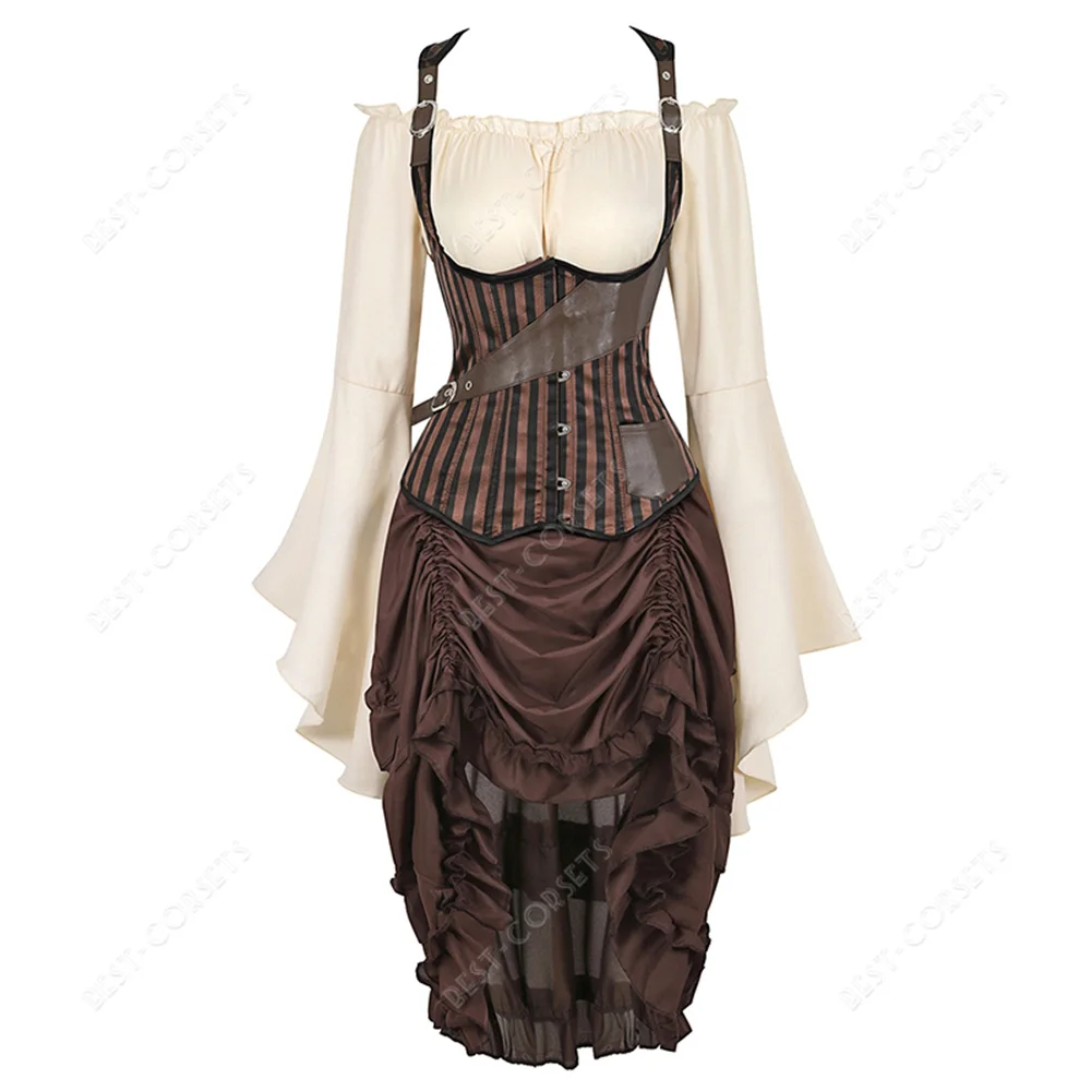 Sexy Pirate Corset Dress Skirt Plus Size Steampunk Corset Top Lace Up Off Shoulder Blouse Medieval Halloween Costume for Women