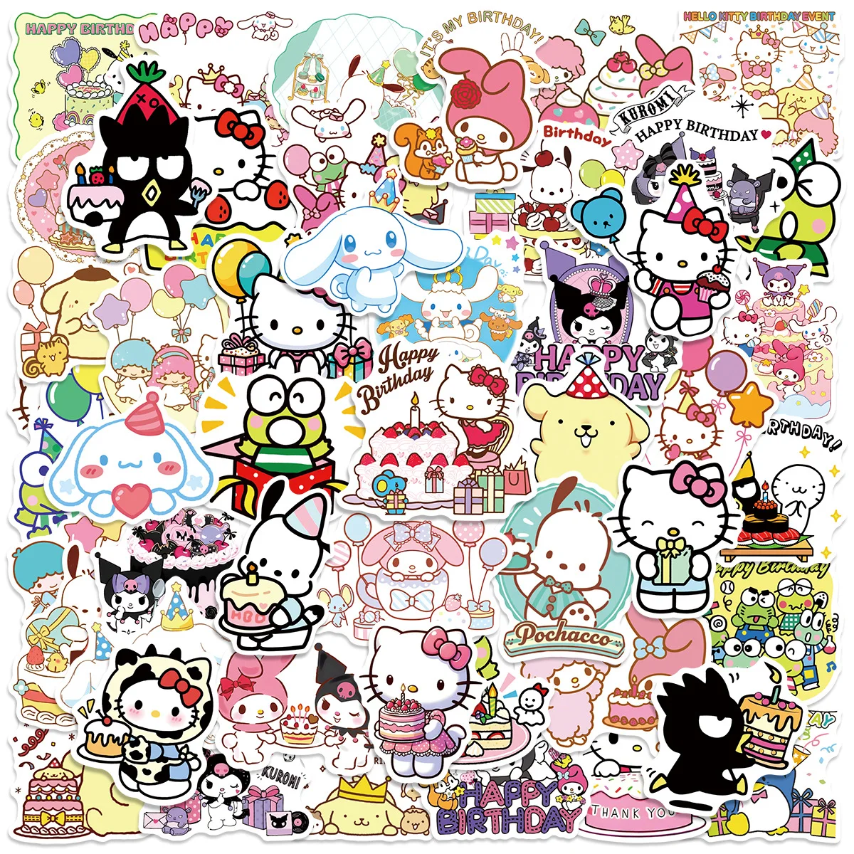 10/30/50 pçs sanrio feliz aniversário engraçado bonito olá kitty kuromi graffiti adesivos decorativos copo de água scrapbook mala decalque