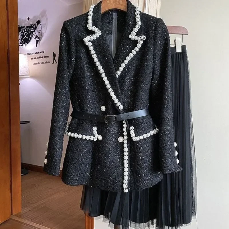 

Suit Luxury Pearl Women's Set Mesh Pleated Dress 2 sets Korean Women's Jacket Skirt