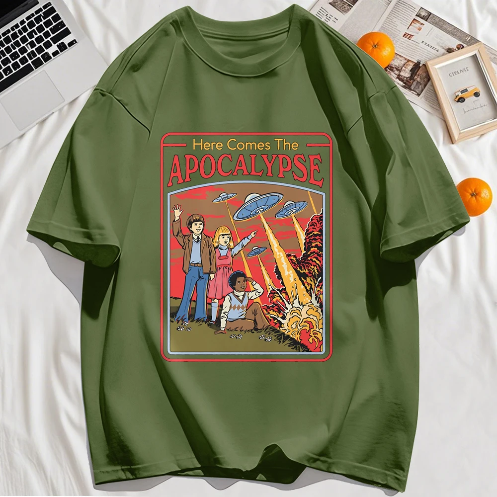 Here Comes The Apocalypse Printing Mens Tee Hip Hop Cotton Trendy O-Neck Loose T Shirt Casual Comfortable Man Short Sleeve