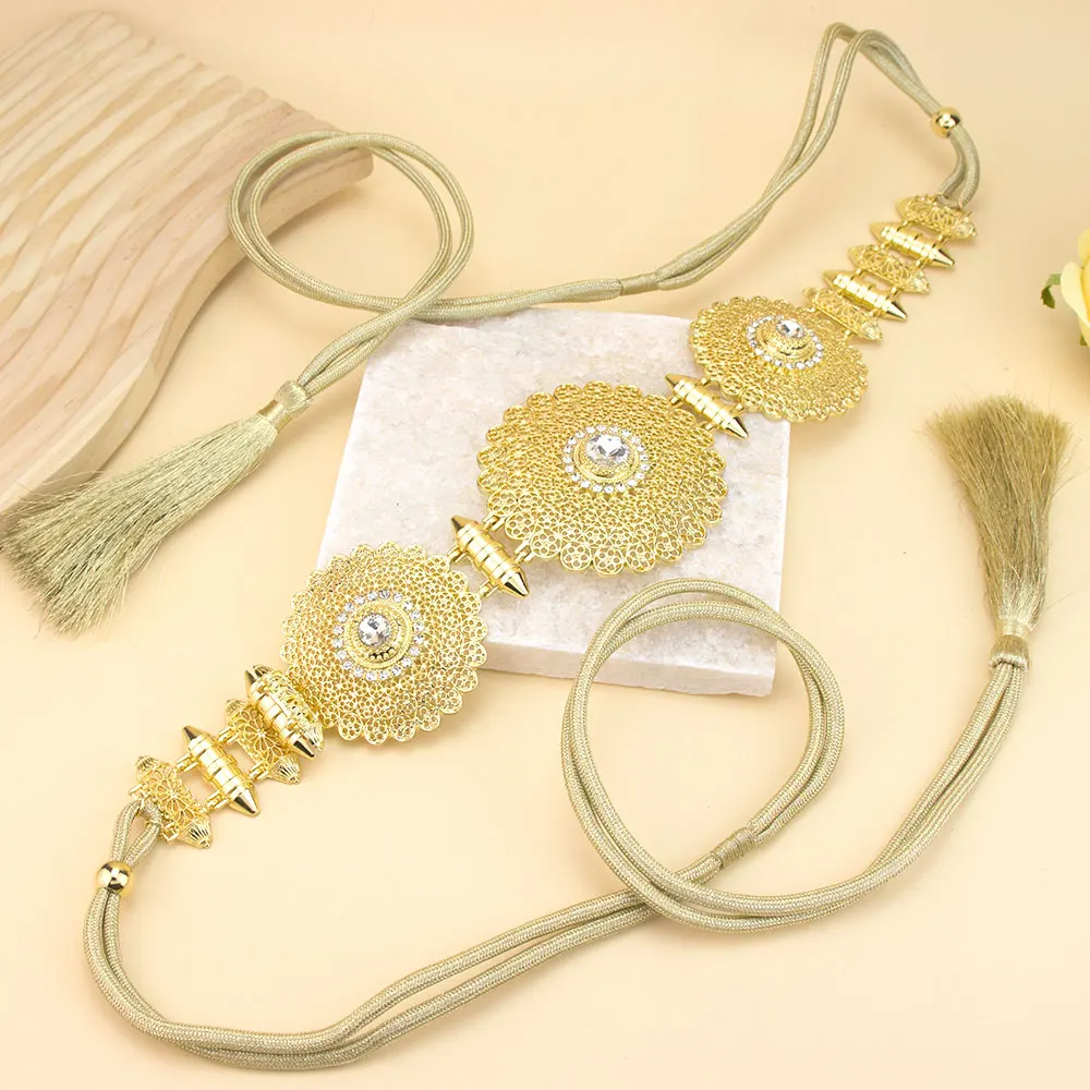 Sunspicems Gold Color Morocco Style Women Waist Belt Hand Rope Chain Tassels Band Arabic Caftan Belt Bridal Wedding Jewelry