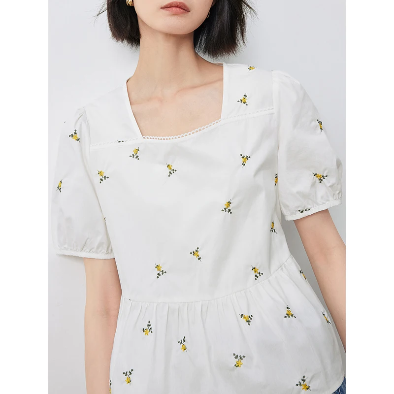 TOYOUTH Womens Short Sleeve T-shirt 2024 Summer New Flower Embroidered Shirt Square Neck Buff Sleeve Doll Shirt