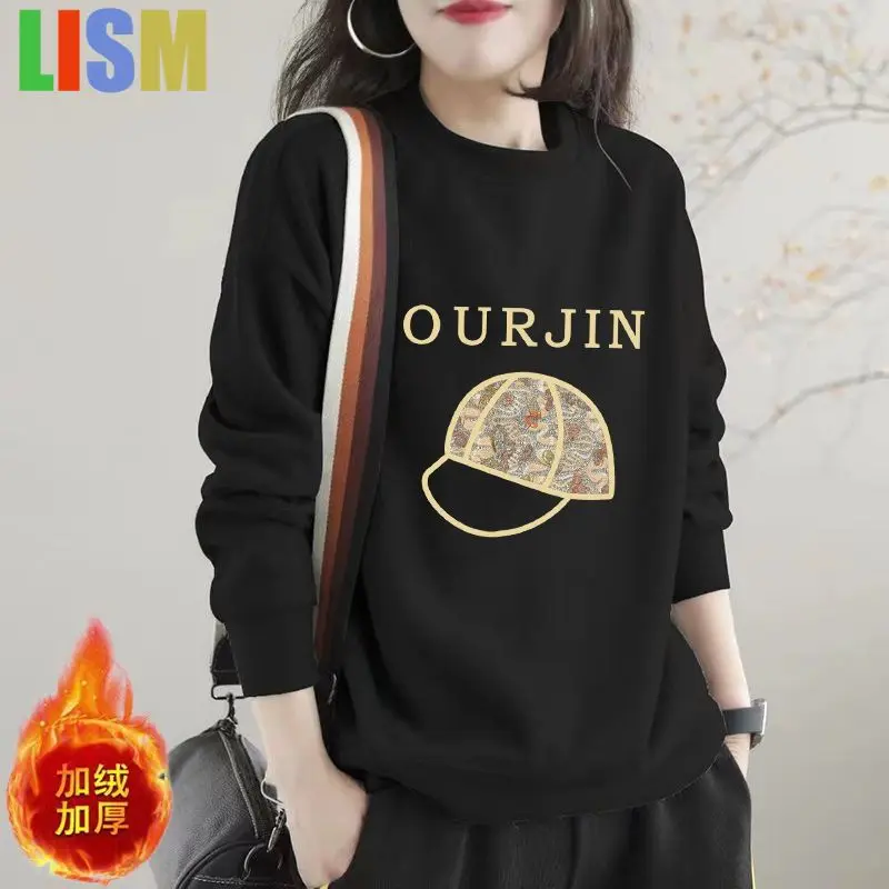 LISM women's winter clothes y2k hoodies sweatshirt 2025 Print Fleece Thick Casual O Neck Long Sleeve Loose Pullover Hoodies
