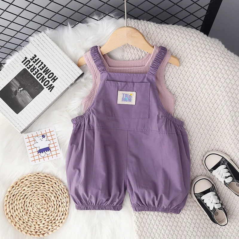 Girls Clothes Sets Summer 2024 Children Cotton Vest T-shirts Overall Shorts 2pcs Cute Suit For Baby Tracksuits Kids Outfits 4 5Y