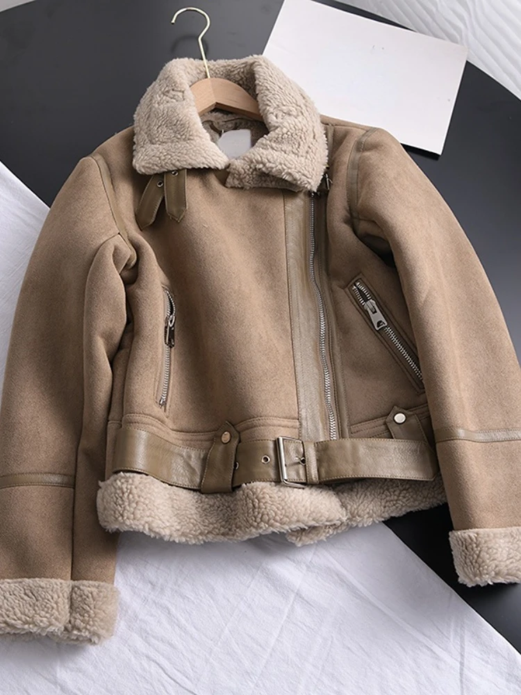 Blouson d'hiver en daim et cuir de mouton pour femme, vêtement d'extérieur, chaud, marron, en peau de mouton, pour moto, 2022