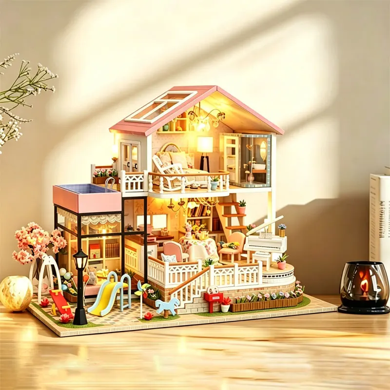 

Zuuton DIY Doll House Kit Villa with Pool Piano LED Light Wooden 3D Puzzle Miniature Dollhouse with Furniture HandmadeCraft Gift