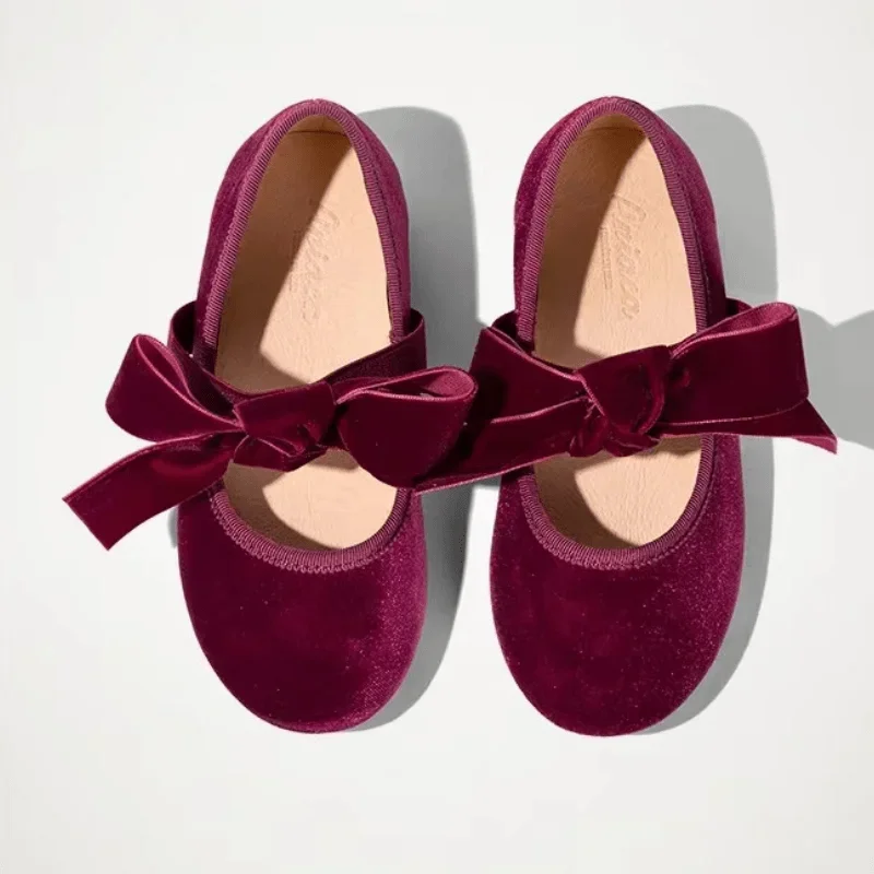 Zapatos de terciopelo de princesa para niña, zapatos de baile planos con lazo, Retro, fondo suave, Primavera, otoño y verano