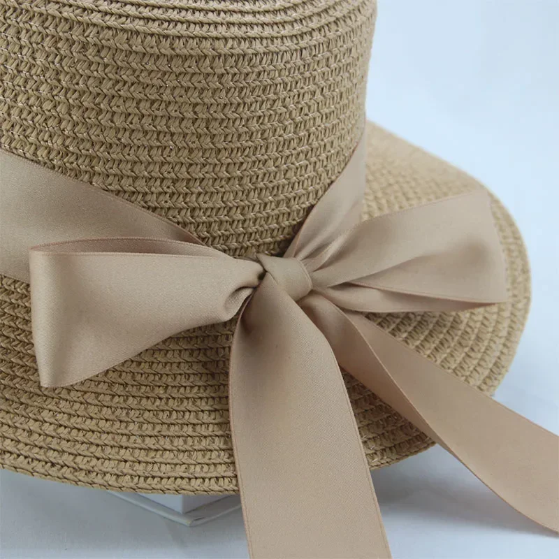 Bucket Hat Beach Summer Straw Hats for Women Flat Top Ribbon Bowknot Elegant Luxury Straw Women Summer Hats Sombreros De Mujer