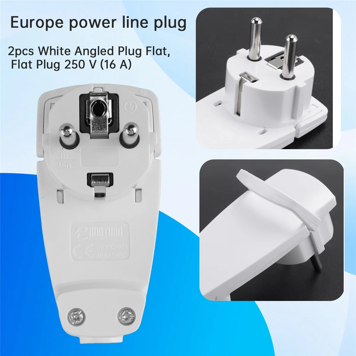 ABQR 2個入り ホワイト シュコ 角型プラグ フラット、シュコ フラットプラグ 250V (16A)、シュコプラグ、シュコフラットプラグ、EUプラグ