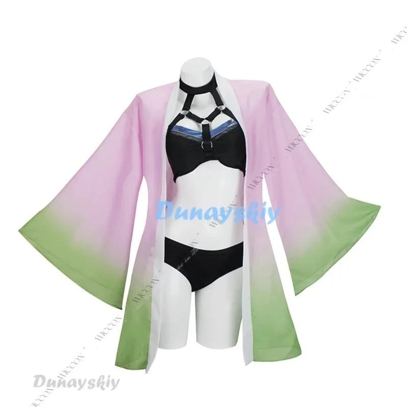 

qq023Mitsuri Anime Cosplay Costume Wig Coat Swimsuit Kimono Uniform Halloween Party Role Play Mitsuri Kanroji Woman Adul