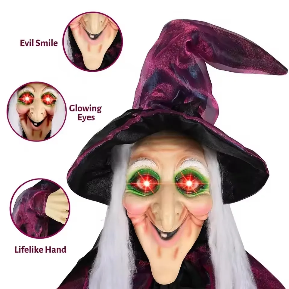 Halloween Life Size Talking Witch Outdoor Purple Spooky Animatronic Witch Decor Prop Halloween Decoration Red Eye Animated Witch view 4