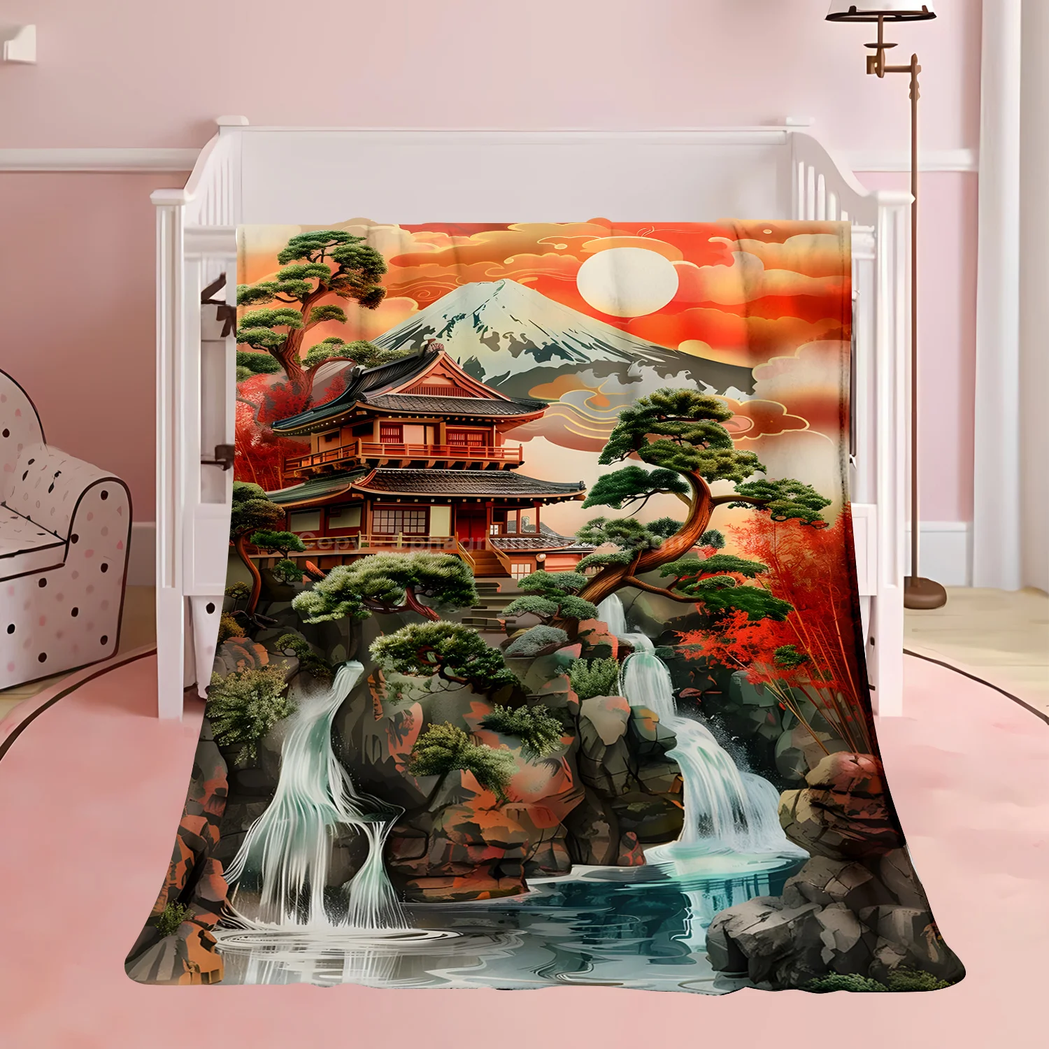 1pc Contemporary Japanese Scenery Flannel Blanket with Mount Fuji Print, All-Season Knitted Polyester Throw for Living Room, Bed