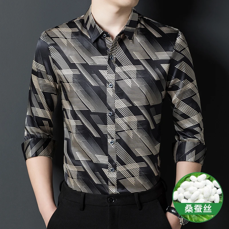 Skin-Friendly Silk Blend Shirts For Men Long Sleeve Print Satin Summer Quality Softness Breathable Lightweight Camisas De Hombre