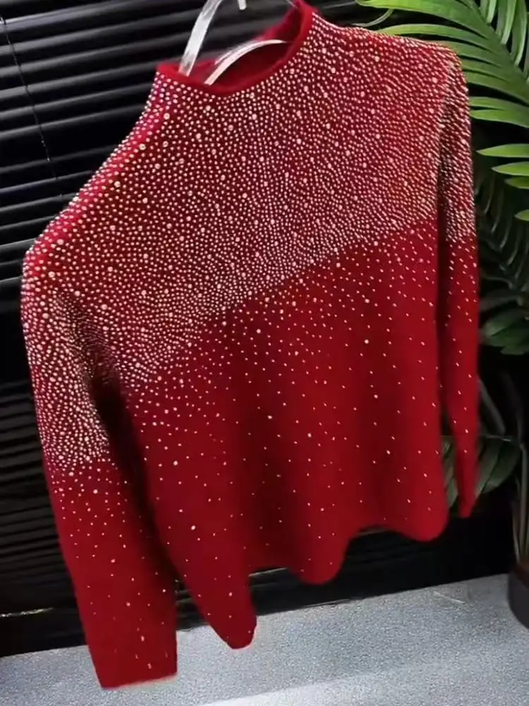 Luxury Design Diamonds Hot Drilling Slim Fit Wine Red Sweater Women Autumn/Winter Knitwear Bottoming Pullovers Femme Clothes