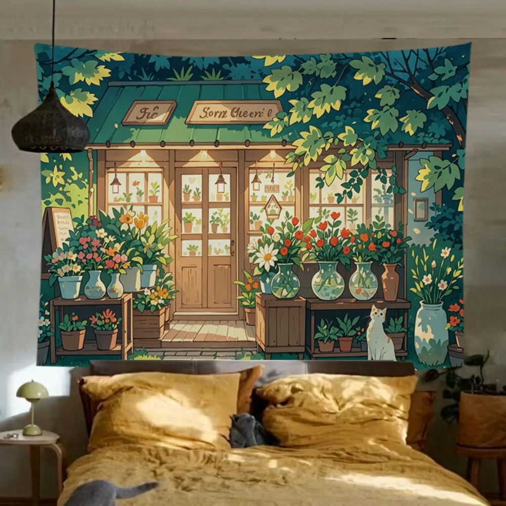 VIKAMA Garden Cottage Dekorativer Wandteppich für Wohnzimmer, Schlafzimmer, Eingangsbereich, Wandbehang, Instagram-Stil, Wandteppich, Raumdekoration