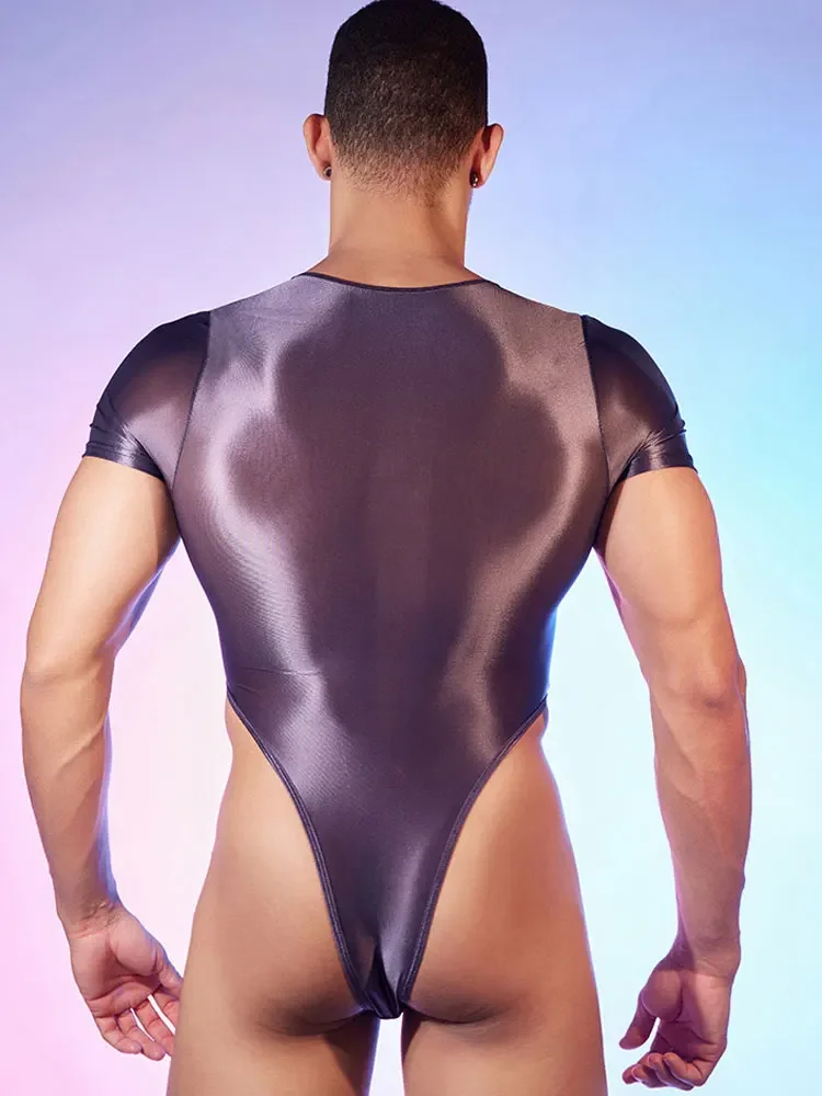 Men High Cut Thong Bodysuit Short Sleeve Tights Breathable Transparent Tops U Bulge Pouch Allure Club Leotard Dance Shaper Wear