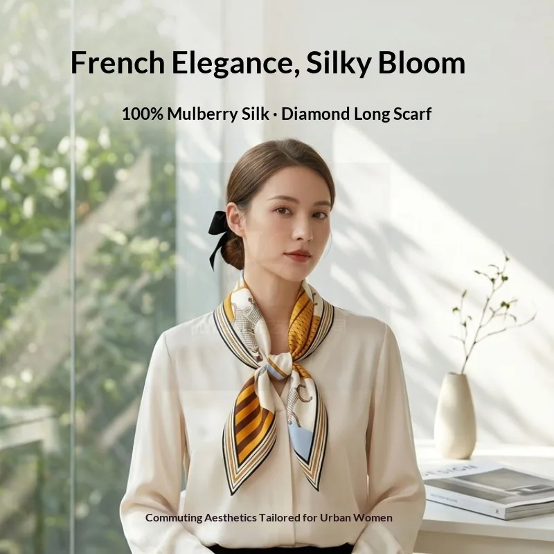 100% Mulberry Silk French Scarf Women Diamond Long Scarf Versatile Light Luxury Commute High Sense Small Scarf